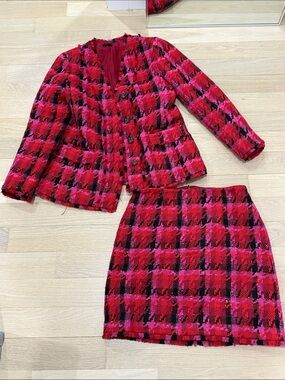 Ann Taylor Red Pink and Black Tweed Skirt Suit